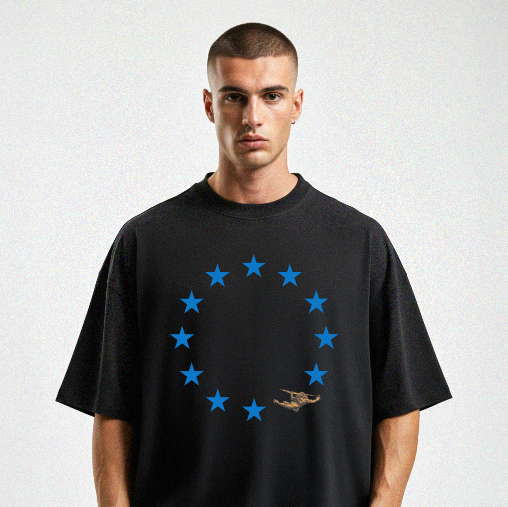 Camiseta Oversized Vintage Preta Blue Stars