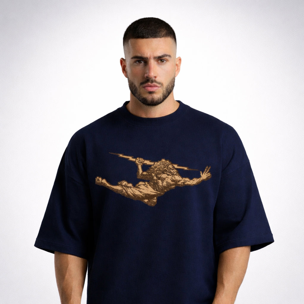 Camiseta Oversized Vintage Navy Blue Thunder God Gold