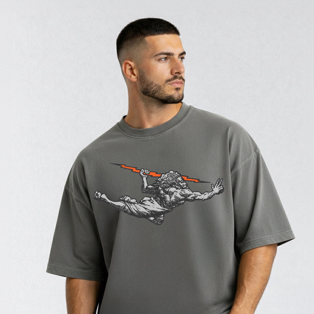 Camiseta Oversized Vintage Cinza Zeus Orange Thunder