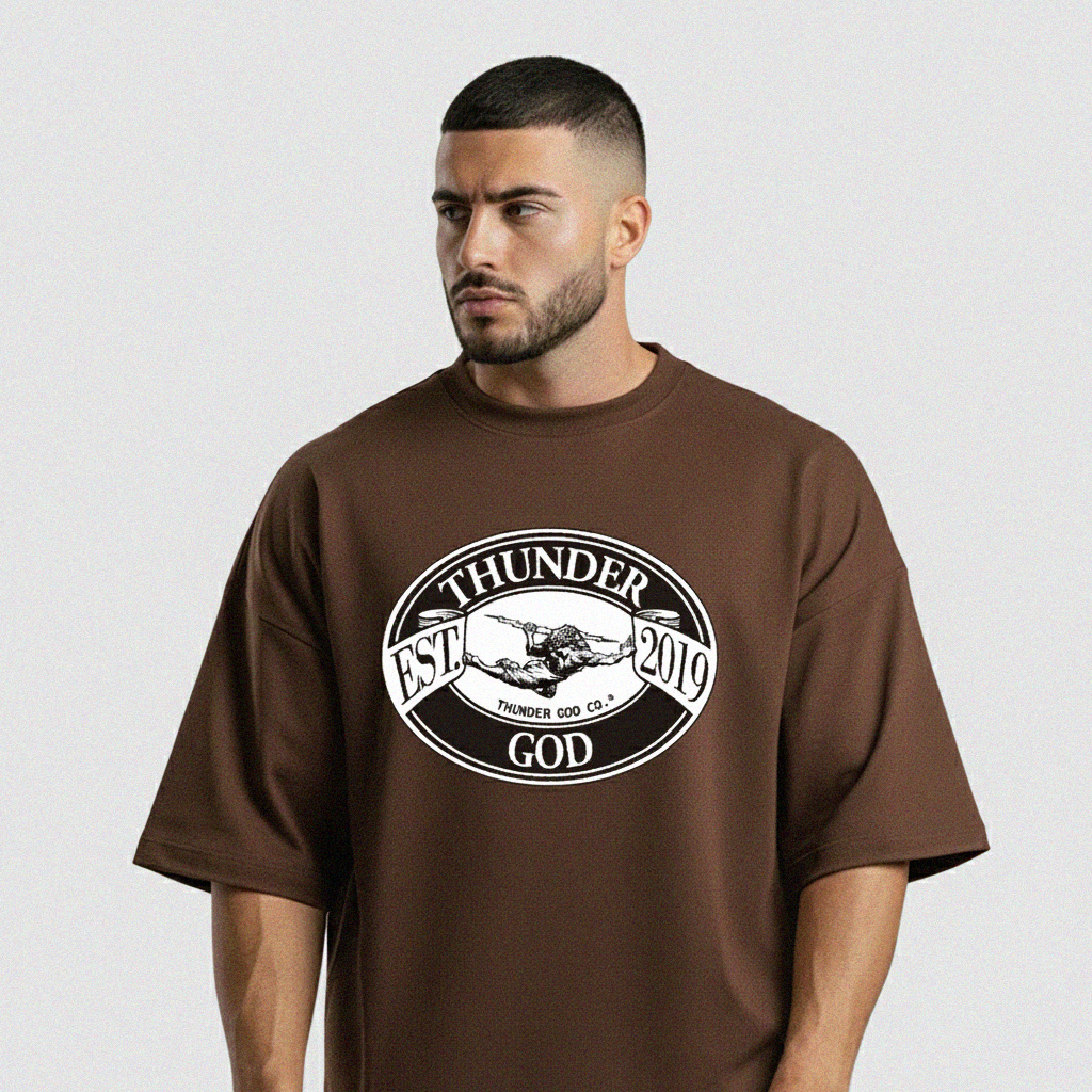 Camiseta Oversized Vintage Marrom Thunder God Co. Est. 2019