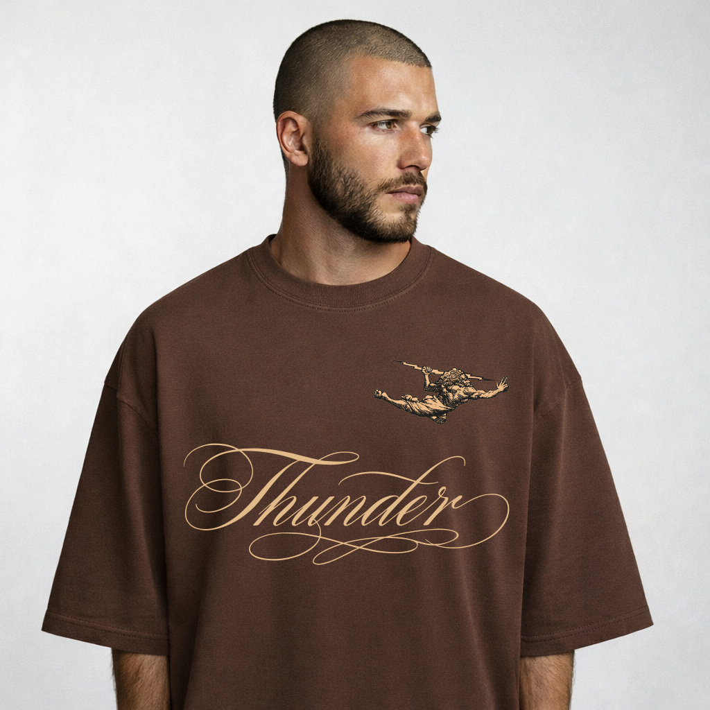 Camiseta Oversized Vintage Marrom Cursive e Zeus