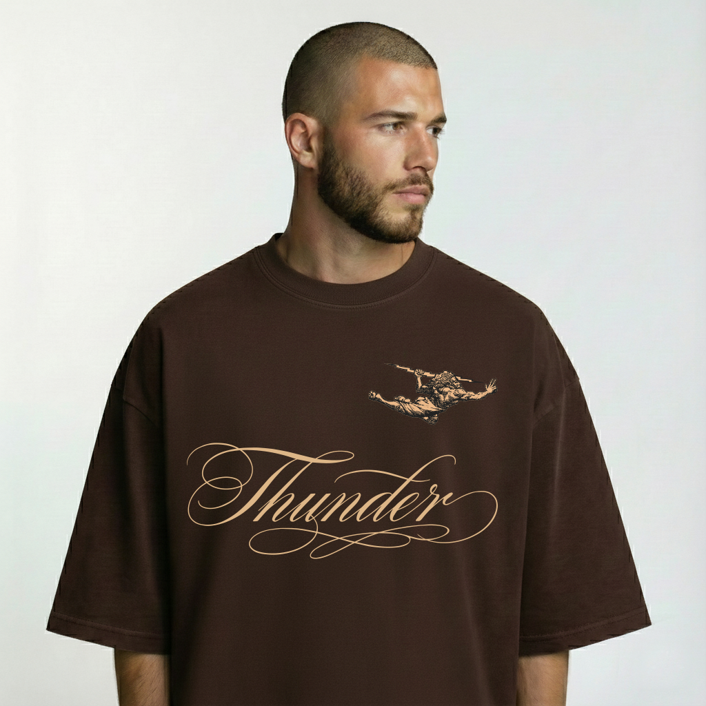 Camiseta Oversized Vintage Marrom Cursive e Zeus