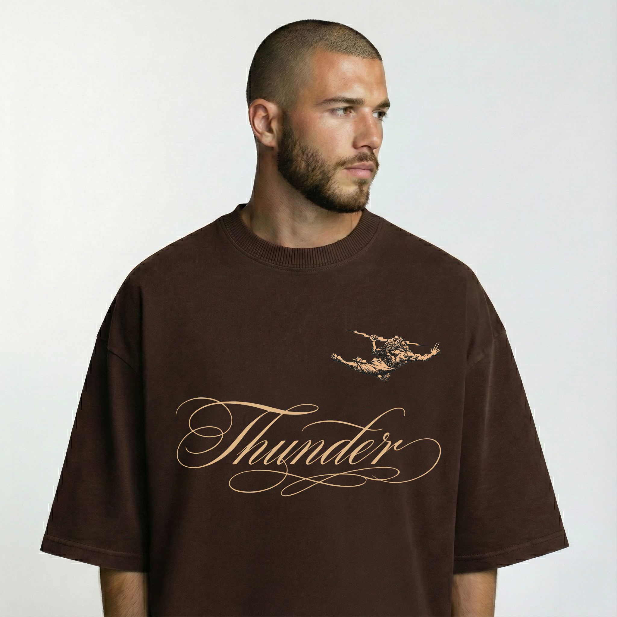 Camiseta Oversized Vintage Marrom Cursive e Zeus