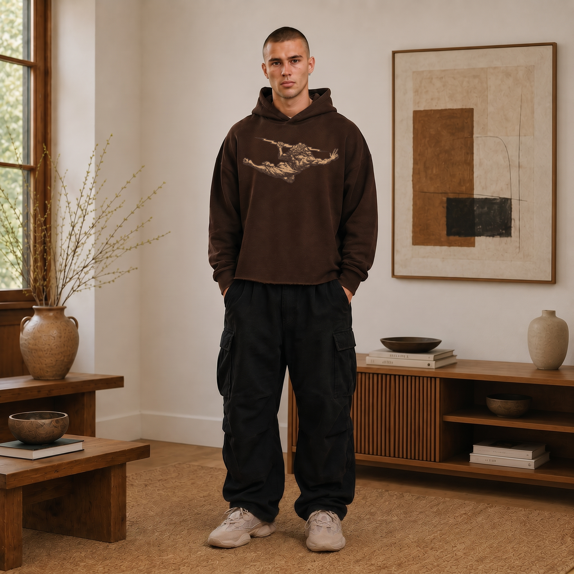 Casaco de Moletom Oversized Felpado Marrom Boxy com Capuz Zeus
