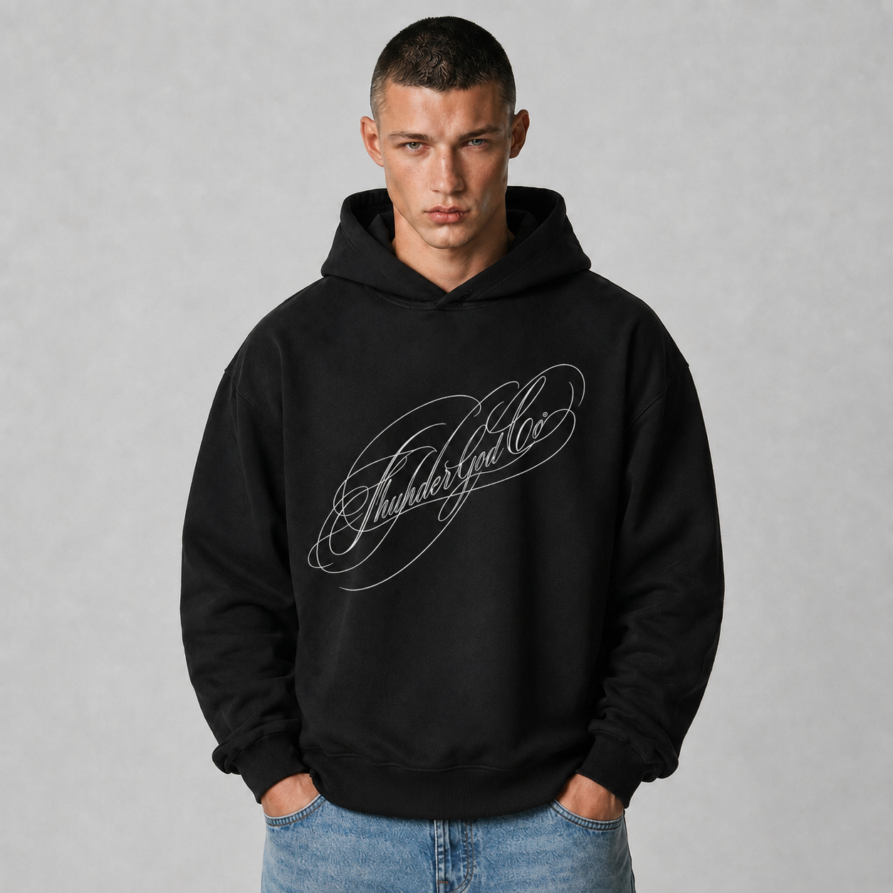Casaco de Moletom com Capuz Boxy Felpado Preto White Lettering