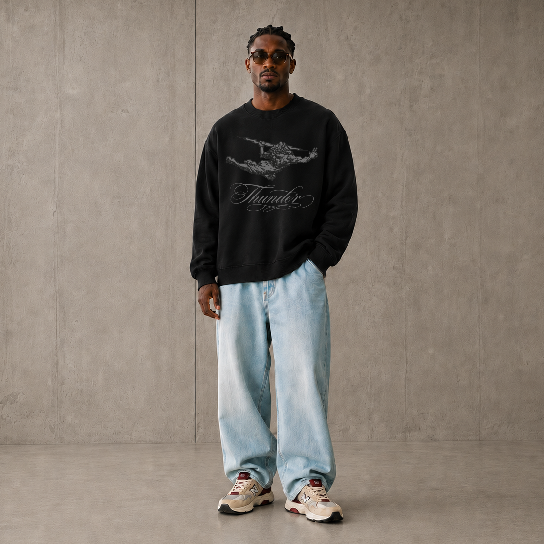 Casaco de Moletom Oversized Felpado Preto Thunder Cursive All Black